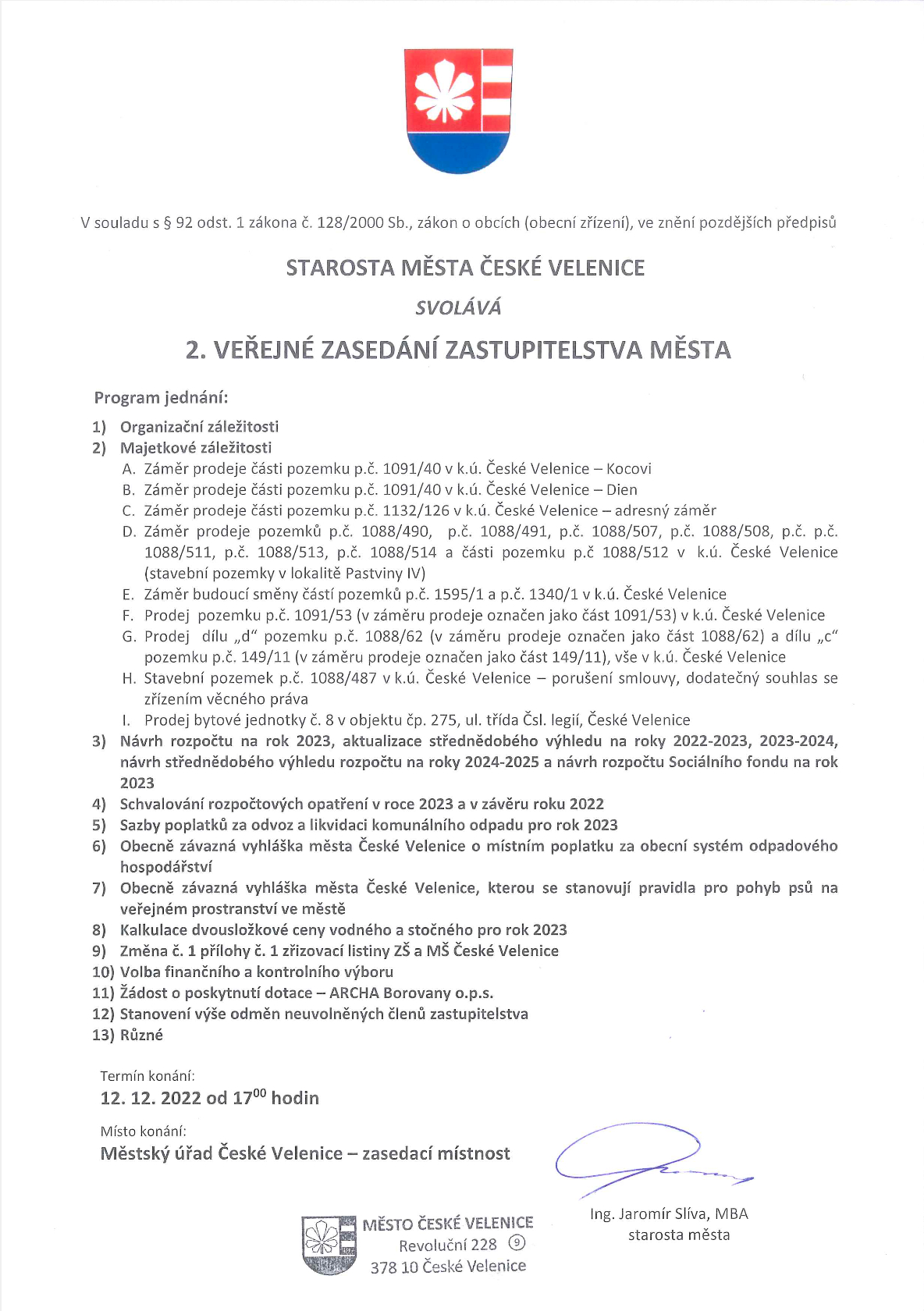 2. Veřejné zasedání zastupitelstva města